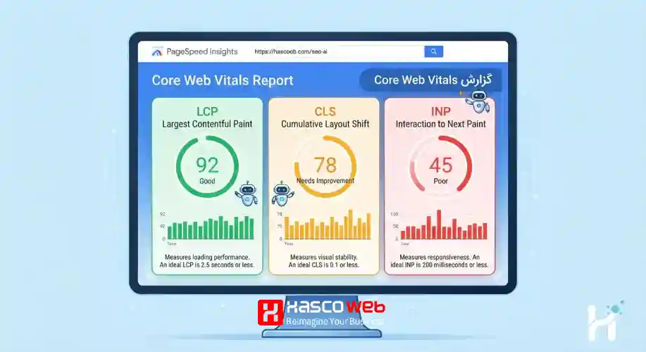اسکرین شات نمونه از گزارش Core Web Vitals در PageSpeed Insights با نمودارهای LCP، CLS و INP